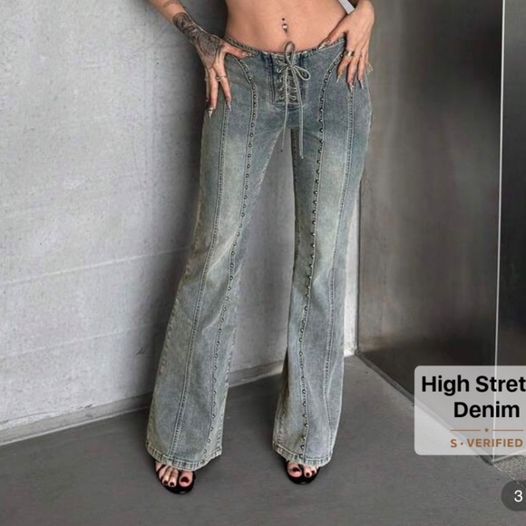Shein Retro Rivet Lacing Low Waist Denim Pants - Picture 2 of 7